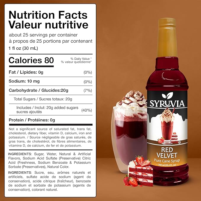Syruvia Coffee Syrup, Red Velvet Flavored Syrup for Drinks, Lattes, and Desserts – 25.4 fl oz,