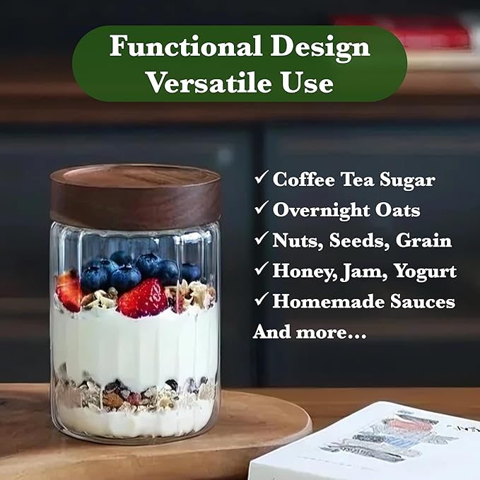 Decorative Borosilicate Glass Jar with Screw Top Airtight Wooden Lid, 28 oz/850ml Leak Resistant Food Storage Canister, Wide Mouth Container for Coffee Cookie Candy Overnight Oats Sourdough Starter