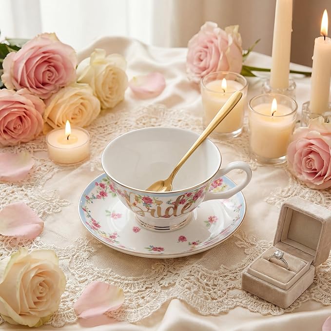 Rtteri Bride Teacup and Saucer Set 7oz Bridal Shower Teacup Porcelain Ceramic Tea Cups for Bridal Shower Tea Party Wedding Decor Victorian Elegant Coffee(Blue,Floral)