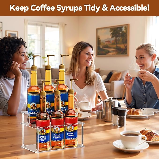Nuovoware Acrylic Coffee Syrup Organizer, 2-Tier 6 Bottles Bar Organizer, Clear Coffee Syrup Rack for Countertop Kitchen Bar, Surface Film Can be Peeled Off, Transparent
