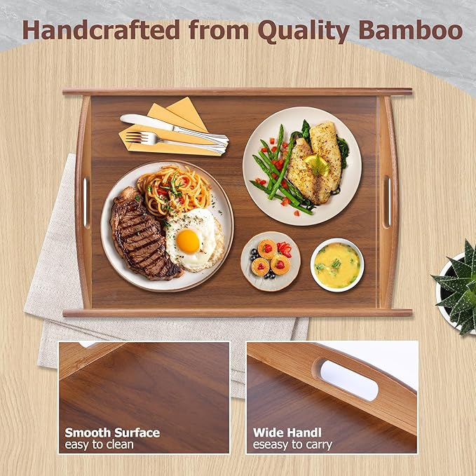 Wood Serving Tray, Wooden Tray with Handles, 20.47 inch Square Decorative Serving Trays Platters for Home, Party, Coffee Table,Dining Table & Countertop