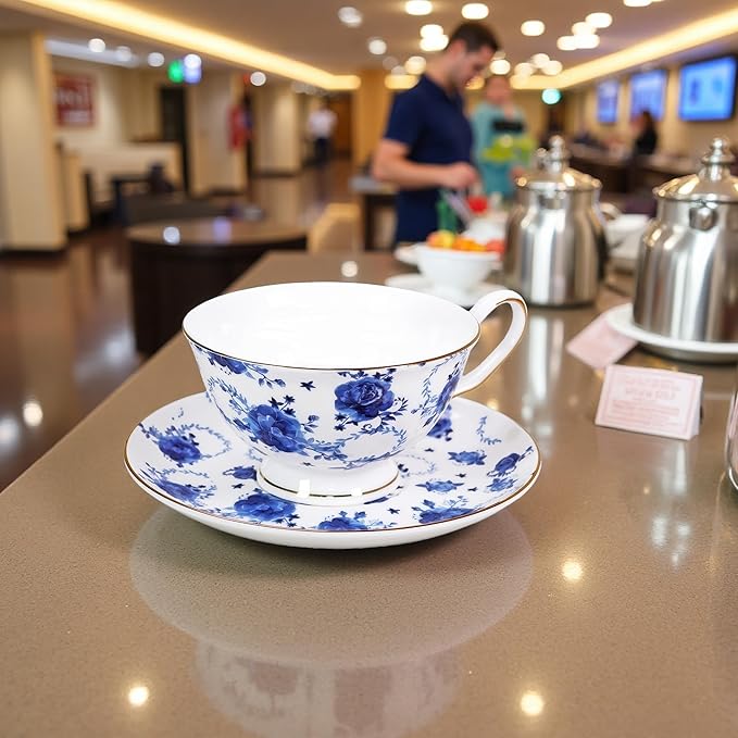 Tea cup and Saucer Set Royal Garden Style Tea Coffee Cup with Saucer 7 Ounces Bone China Teacup and saucer Set (Blue flower)