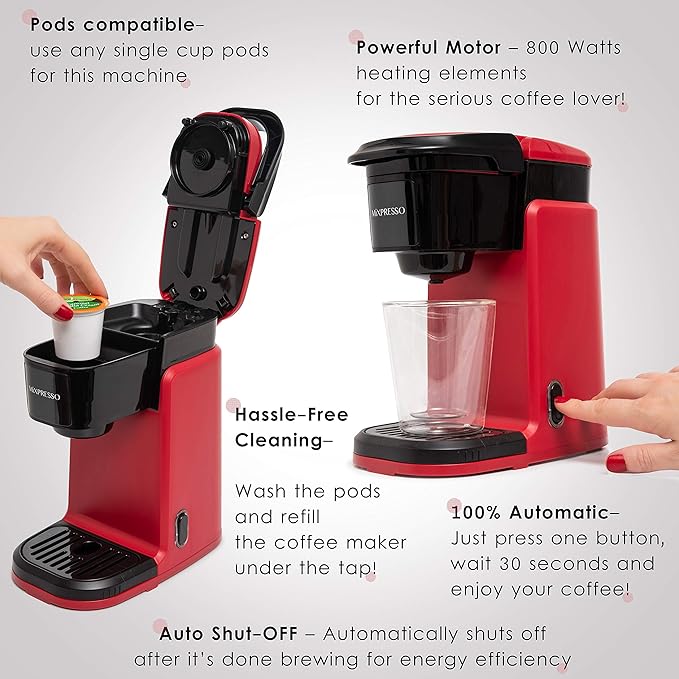 Mixpresso Red Single Serve Coffee Maker for K Capsule, Compact Mini Coffee Maker 800 Watt Coffee Machine for Pods or Ground, Fast Brew, Auto Shut Off, 12 Oz Brew Size for Travel, Office, RV and Dorm