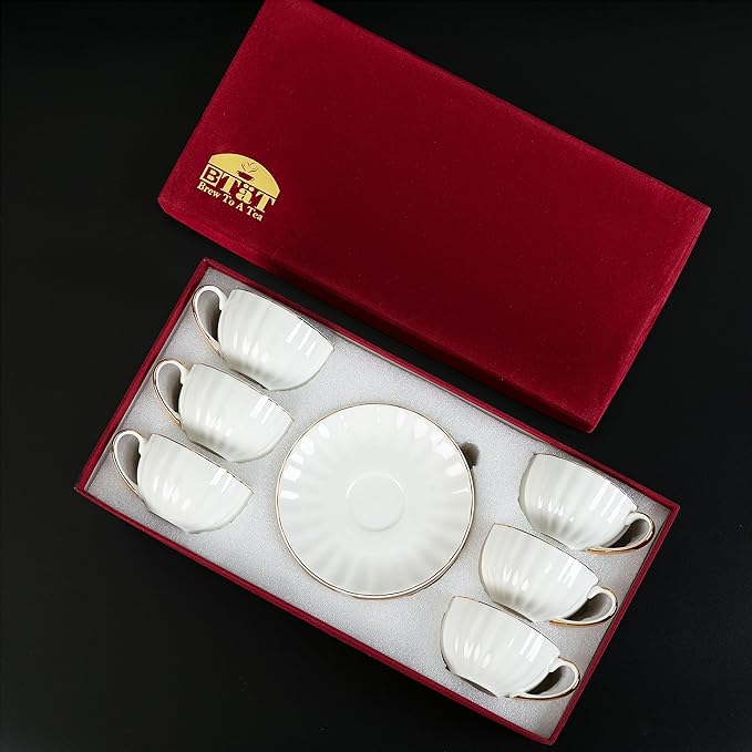BTaT- Cappuccino Cups with Saucers 7 oz with Gift Box, Set of 6, White Porcelain Coffee Cup and Saucer Set for Latte with Golden Trim Design, Dishwasher Safe, Mocha, Tea, Au Lait, Flat White