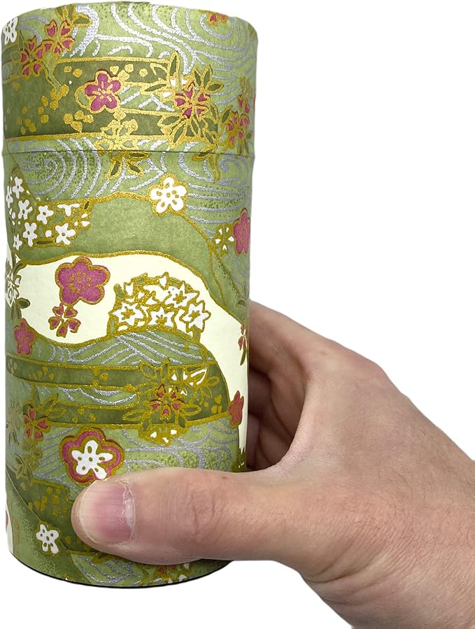 Japanese Tea Canister Tin Shikisai(Four Seasons Color) Green/Double Lid/Japanese Washi Paper Pasted /200g Tea Capacity/Loose Leaf Tea Storage/Storage Container with Lid