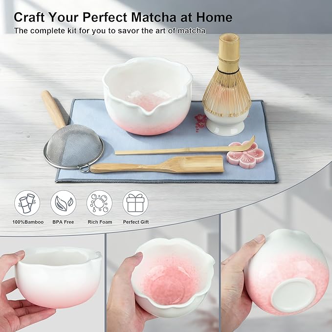 8Pcs Matcha Whisk Set with Floral Ceramic Matcha Bowl, Wooden-Handled Sifter, Bamboo Whisk, Whisk Holder, Bamboo Scoop, Scoop Rest, Spoon, Tea Towel, Greeting card, Gift for Beginners