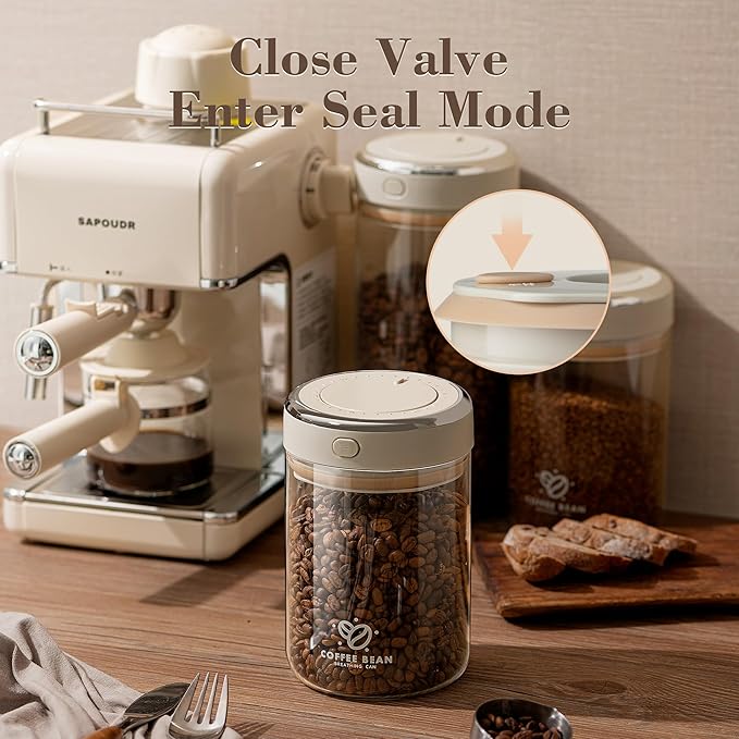 Coffee Bean Storage Container with One-way Valve Airtight Lid Date Tracker for Coffee and More Food Fresh and Storage, Clear Borosilicate Glass Coffee Canister(0.5 Qt - 6 OZ)