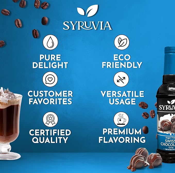 Syruvia Sugar Free Coffee Syrup, Swiss Chocolate Flavored Syrup for Drinks, Lattes, and Desserts – 25.4 fl oz, With Pump - Image 5