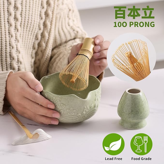Matcha Whisk Set, 5 Pcs Ceramic Matcha Set, Matcha Kit Set Includes Matcha Bowl, Matcha Whisk and Holder, Bamboo Scoop and Sifter, Matcha Tea Set, Ideal Gift for Family/Friend (Cyan)