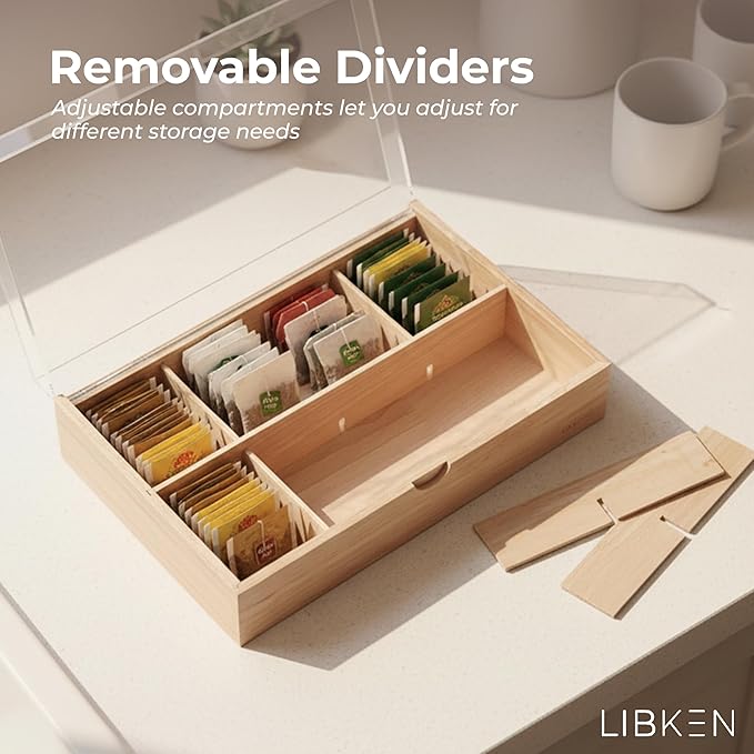 Wooden Tea Bag Organizer Box – 8 Compartment Tea Storage with Clear Lid – Minimalist Scandinavian Design – Versatile Wooden Tea Box for Tea Bags, Jewelry, Crafts, Office & Countertop Storage