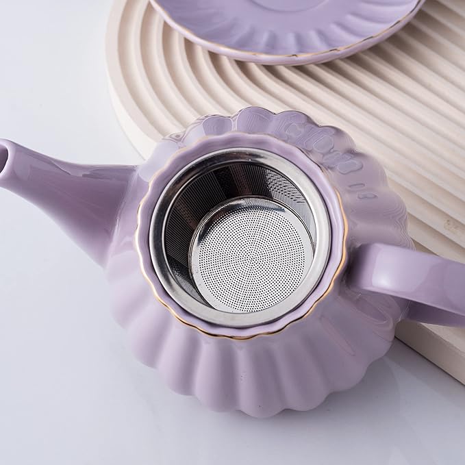 Jusalpha Serve for 6- Fine China Pink Coffee Cup/Teacup Set, 8 OZ Cups& Saucer, with Teapot-Sugar Bowl-Cream Pitcher Teaspoons and tea strainer for Tea/Coffee (Lavender, Serve of 6)