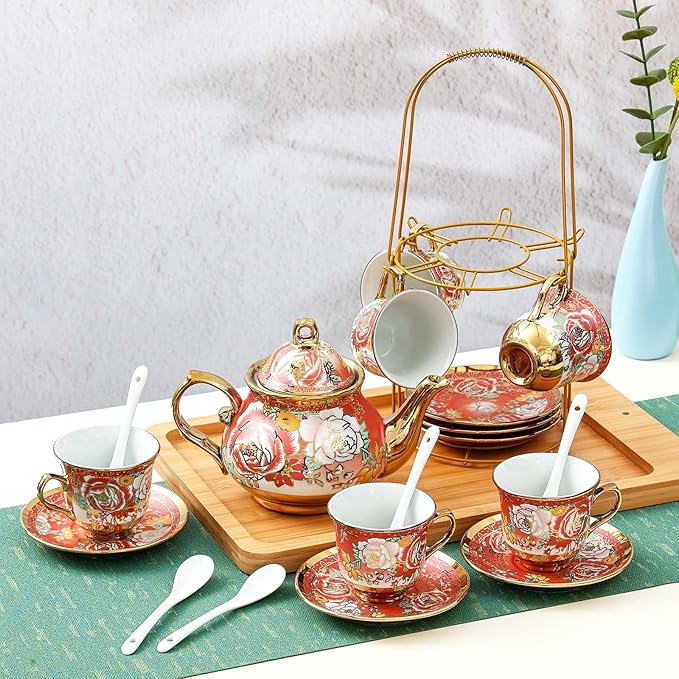Zhehao 20 Pcs Porcelain Tea Set with Metal Holder and Spoon Adult Ceramic Tea Set European Flower Painting Teapot Cup Saucer Spoon for Women, Large Version(Noble Style)