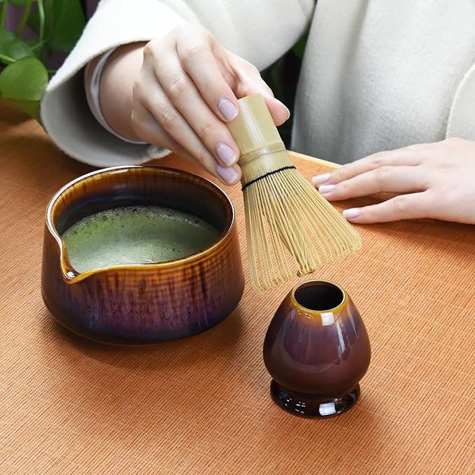 Artcome Matcha Tool Set - Complete Kit with Matcha Bowl with Spout, Bamboo Whisk, Tea Scoop, Whisk Holder, Scoop Holder, Tea Cloth & Powder Strainer, Red-Blue Glaze
