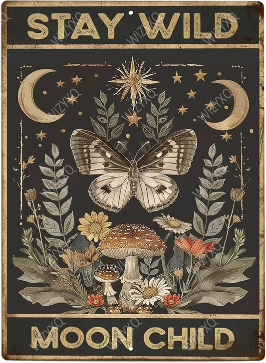 Funny Metal Signs Butterfly Stay Wild Moon Child Vintage Tin Sign Retro Wall Decor for Home Office Farmhouse Yard Garden Shop Cafe Indoor Outdoor 8×12 Inches by CreatingThoughtfullyDesigned