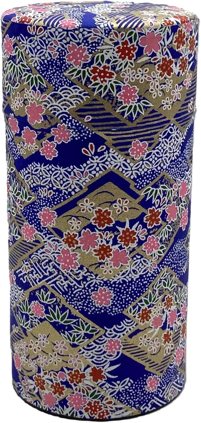 Japanese Tea Canister Tin Sakura Blizzard on a Rhombus Pattern Blue/Double Lid/Japanese YUZEN Washi Paper Pasted /200g Tea Capacity/Loose Leaf Tea Storage/Storage Container with Lid