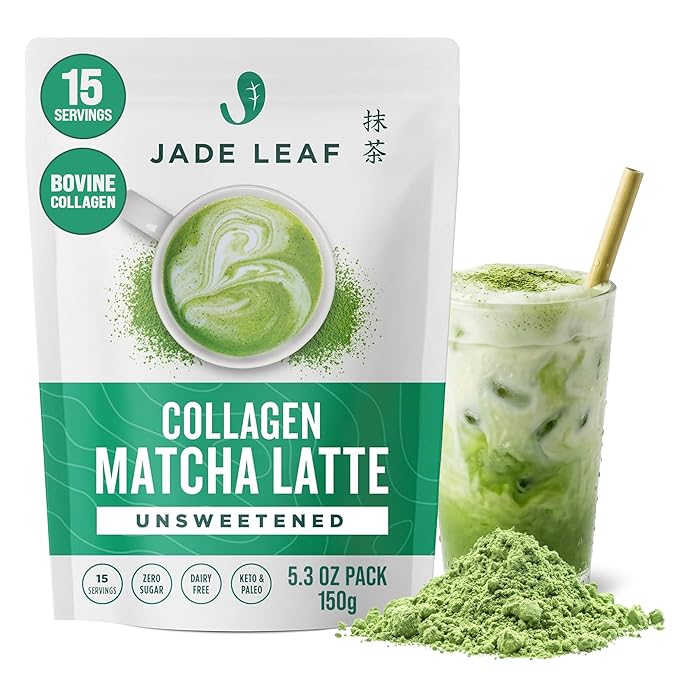 Jade Leaf Matcha Latte Powder with Grass Fed Bovine Collagen - Sugar Free, Sweetener Free - Made with Organic Japanese Matcha Powder for Café Style Blend, 5.3 Ounce / 150g (Pack of 1)