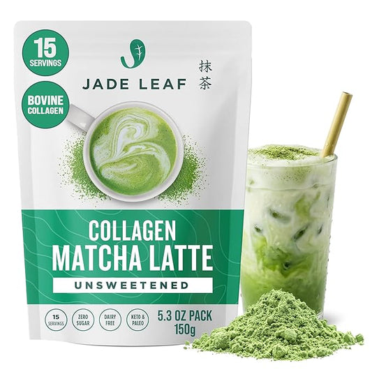 Jade Leaf Matcha Latte Powder with Grass Fed Bovine Collagen - Sugar Free, Sweetener Free - Made with Organic Japanese Matcha Powder for Café Style Blend, 5.3 Ounce / 150g (Pack of 1)