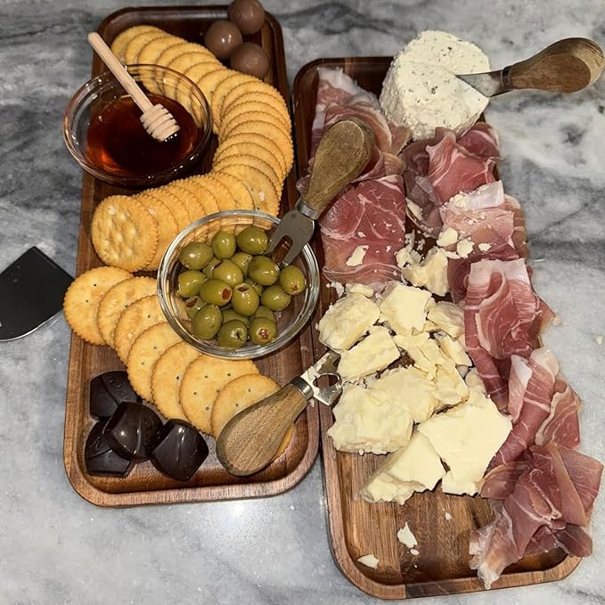 FUNSUEI 11.8 x 5.1 Inches Set of 6 Wooden Serving Platters, Acacia Wooden Serving Trays with Grooved Design, Rectangular Wood Platters for Fruit, Cookie, Bread, Vegetable, Salad