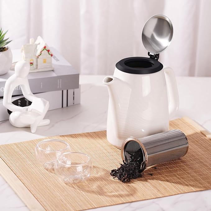 Ceramic Teapot with Infuser, 32 oz Loose Leaf Tea Pot Ceramic with Removable Stainless Steel Infuser, Mess-Free Loose Tea Diffusers, Ideal for Tea Steeper (White)
