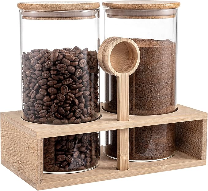 ANPHSIN 2Pcs 49oz Large Capacity Glass Coffee Containers - BPA Free Storage Jars with Hollow Shelf Lids and Spoon for Coffee Bean Bar Station Kitchen Gift