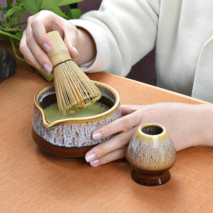 Artcome Matcha Tool Set - Complete Kit with Matcha Bowl with Spout, Bamboo Whisk, Tea Scoop & Whisk Holder, Golden Glaz