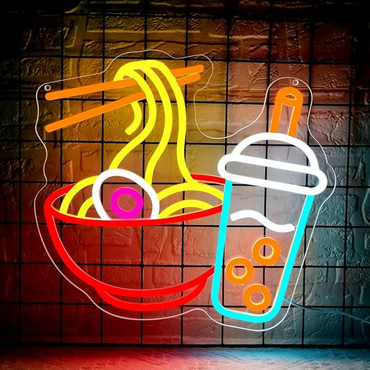 Ramen Neon Signs for Wall Decor Dimmable Noodles Light Up Sign Japanese Wall Decor for Kitchen Restaurant Bar Juice Shop Japanese LED Wall Art for Market Bedroom Party Gifts Size 13.8 * 12.8in(P037)