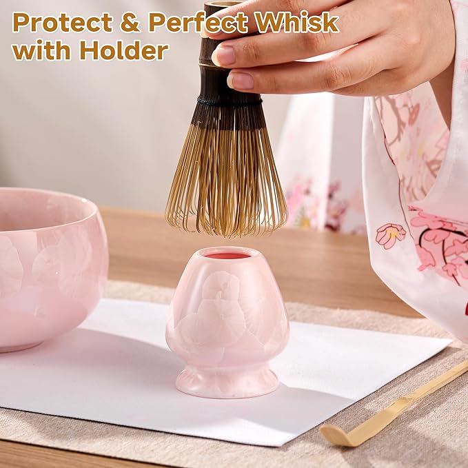 Matcha Whisk Set – Crystalline Glaze Bowl, Bamboo Whisk & Holder, Scoop & Sifter with Holder, Cup with Lid & Straw, Ice Cube Tray & Tea Towel – Pink Matcha Gift Set for Women, Women Gifts