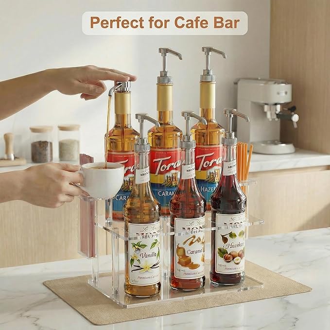 Coffee Syrup Organizer with Straw Holders, 2-Tier Acrylic Syrup Rack (6 Bottles), Anti-Slip Coffee Bar Storage with Side Straw Boxes for Syrups, Wine, Dressings on Kitchen Countertop