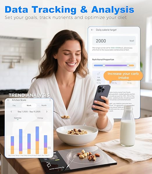 Smart Food Scale with Nutritional Calculator, Calorie Scale for Weight Loss, Free App for Scan, Nutrients Tracking, Food Preload, Color Display with 5 Units, Tare, Stainless Steel, 11lb, Grey