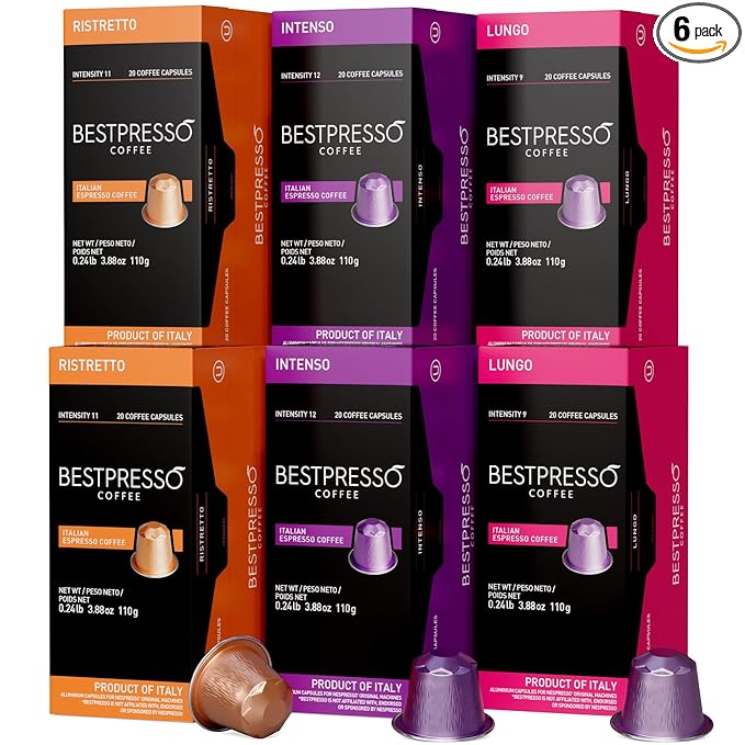 Bestpresso Coffee For Nespresso Original Machine 120 Aluminum Pods Certified Genuine Espresso Variety Pack Pods Compatible with Nespresso Original (Intense Variety Pack)