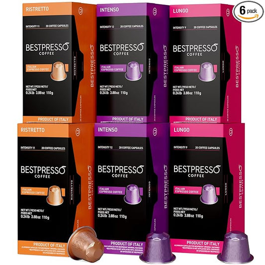 Bestpresso Coffee For Nespresso Original Machine 120 Aluminum Pods Certified Genuine Espresso Variety Pack Pods Compatible with Nespresso Original (Intense Variety Pack)