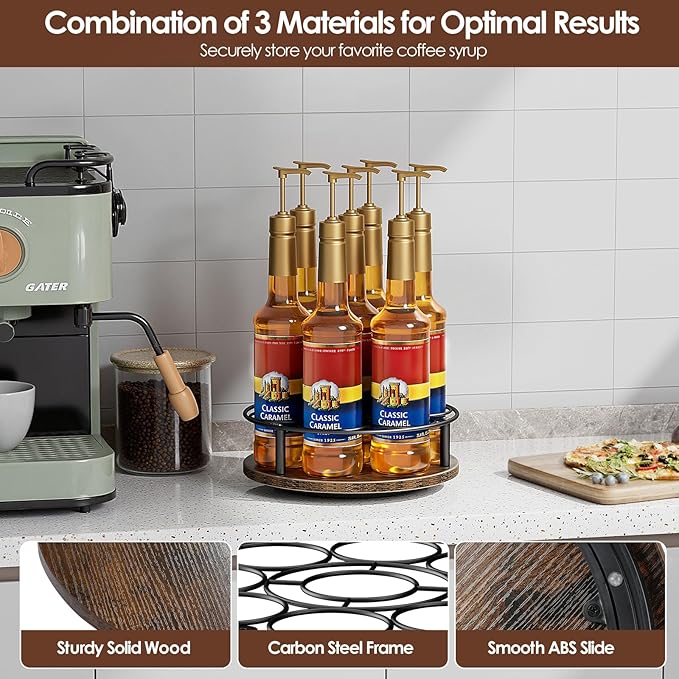 Nuovoware 7 Bottles Rotating Coffee Syrup Rack, Coffee Syrup Rack Organizer Carbon Steel Frame with Wooden Base Bottle Holder for Coffee Flavored Syrups Table Top Thermos Liquor, Black & Brown