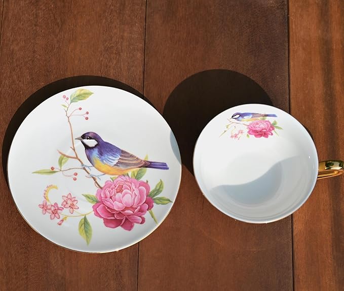 British Coffee Cup 3 Piece Set（6.8oz） Household Fashional Tea Cup with Saucer Spoon (white-magpie)