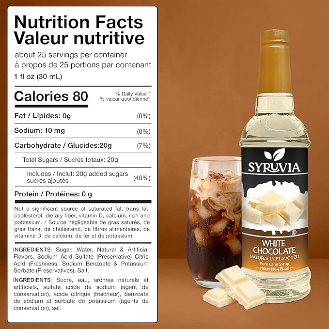 Syruvia Coffee Syrup, White Chocolate Flavored Syrup for Drinks, Lattes, and Desserts – 25.4 fl oz