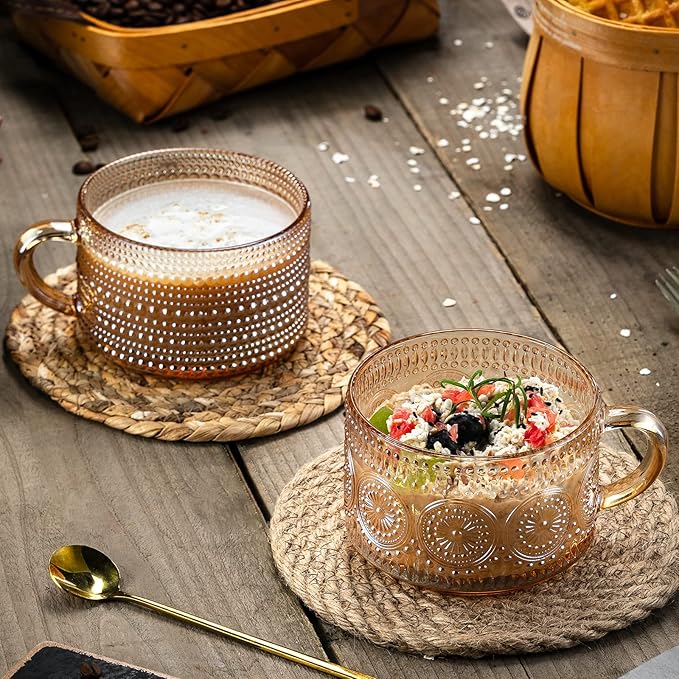 Gezzeny Vintage Coffee Mugs 14 Oz Set of 2 Amber Embossed Glass Tea Cups for Cappccino, Latte,Cereal, Yogurt, Beverage Christmas Thanksgiving Day Gifts