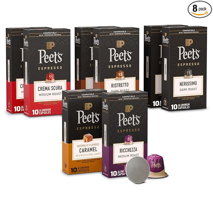 Peet's Coffee, Dark Roast Espresso Capsules Variety Pack, Compatible with Nespresso Original Machine - Intensity 8-11, 80 Count (8 Boxes of 10 Espresso Capsules)
