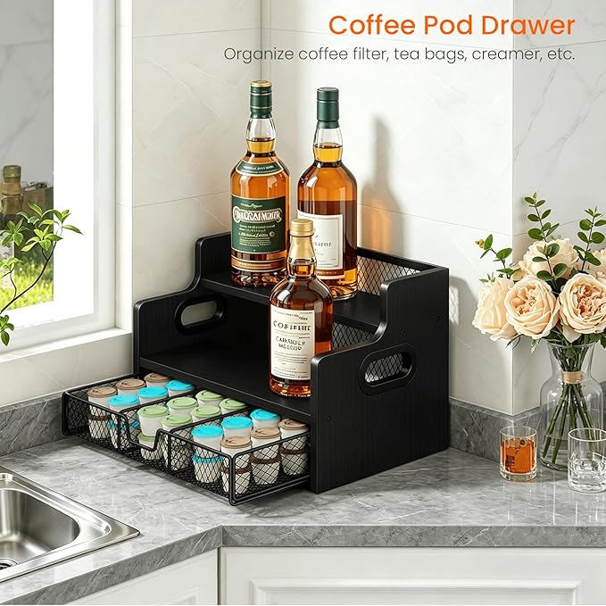 Homode Coffee Syrup Organizer Rack, 3-Tier Syrup Holder Stand with 35 K Cup Storage Drawer, 8 Bottles Capacity, Wood Shelf Liquor Wine Rack for Coffee Bar Countertop, Black
