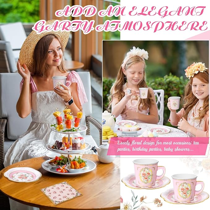 Umigy 36 Sets Tea Party Decorations 6.5 oz Floral Paper Tea Cups with Plates Paper Napkins Disposable Blossom Teacups and Saucers Sets for Girls Birthday Party Supplies(Pink)