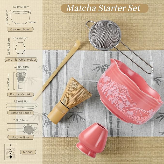 Matcha Whisk Set With Japanese Culture Design, Red Matcha Bowl Set and Whisk Holder, Ceremonial Tea Serving Gift Kit
