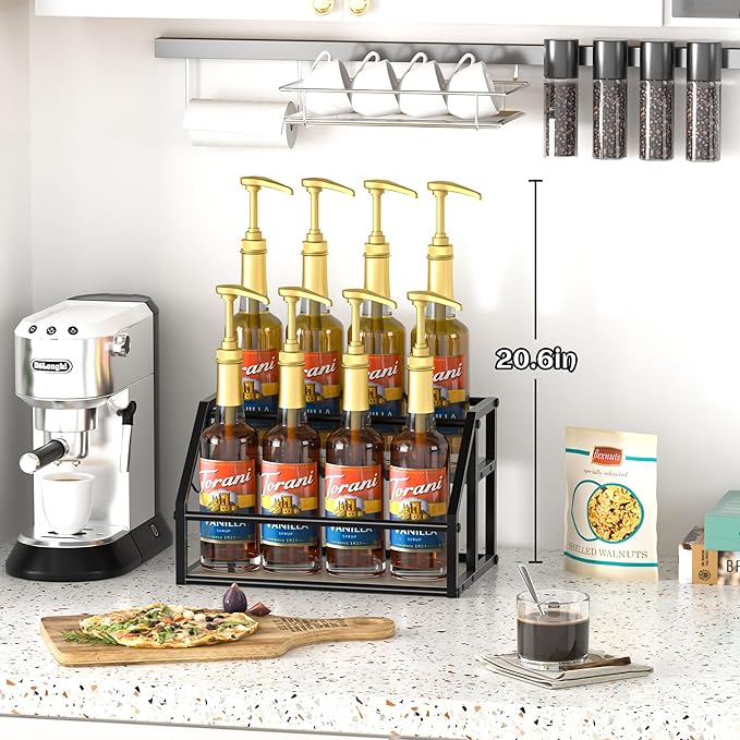 Coffee Syrup Rack Organizer, Syrup Bottle Holder Stand for Coffee Bar, 2-Tier 8 Bottles Storage Shelves for Syrup, Wine, Dressing for Kitchen Countertop, Greige