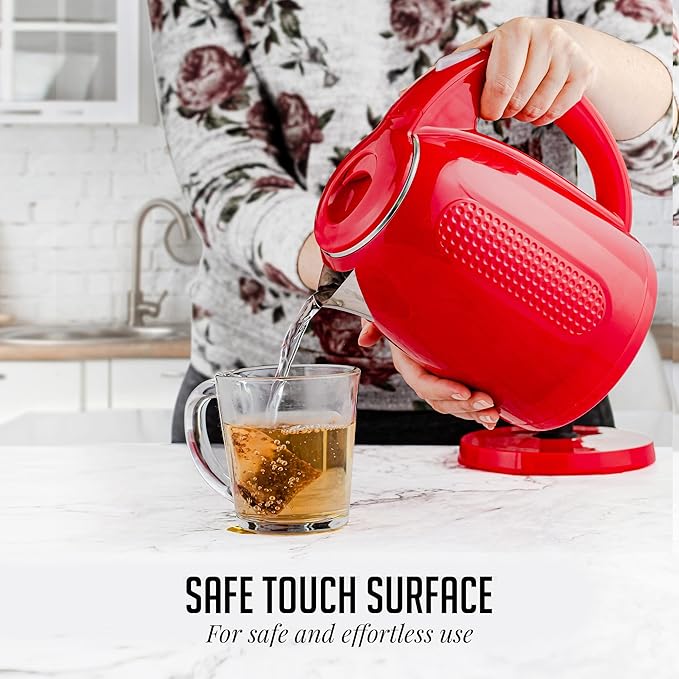 OVENTE 1.7L Double Wall Electric Tea Kettle, 1100W Water Boiler and Heater with Cool-Touch Exterior, Stainless Steel Insulated Interior, Auto Shut-Off, Boil-Dry Protection & Locking Lid, Red KD64R