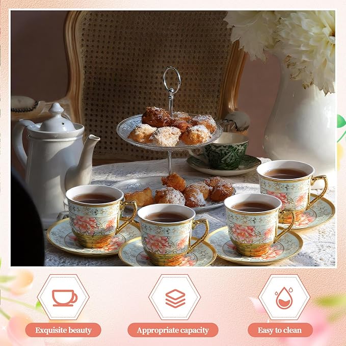 Vintage Floral Tea Cups and Saucers Set of 6 (3 Oz), Porcelain Tea Cup Sets Assorted Colors with Gift Box for Cappuccino, Macchiato, Birthday Party Supply(Green)