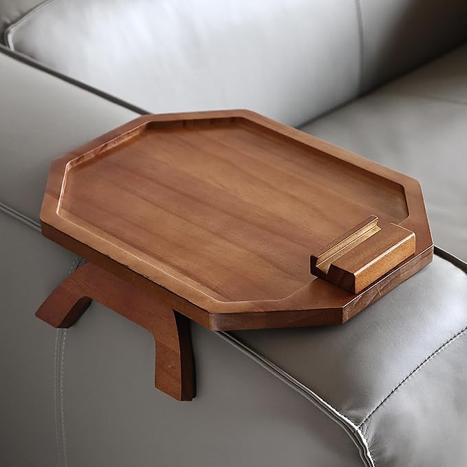 BAMBOO LAND- Couch Arm Tray, Wooden Folding Couch Armrest Table, Octagonal Clip-On Sofa Arm Tray with 360° Rotating Phone Holder