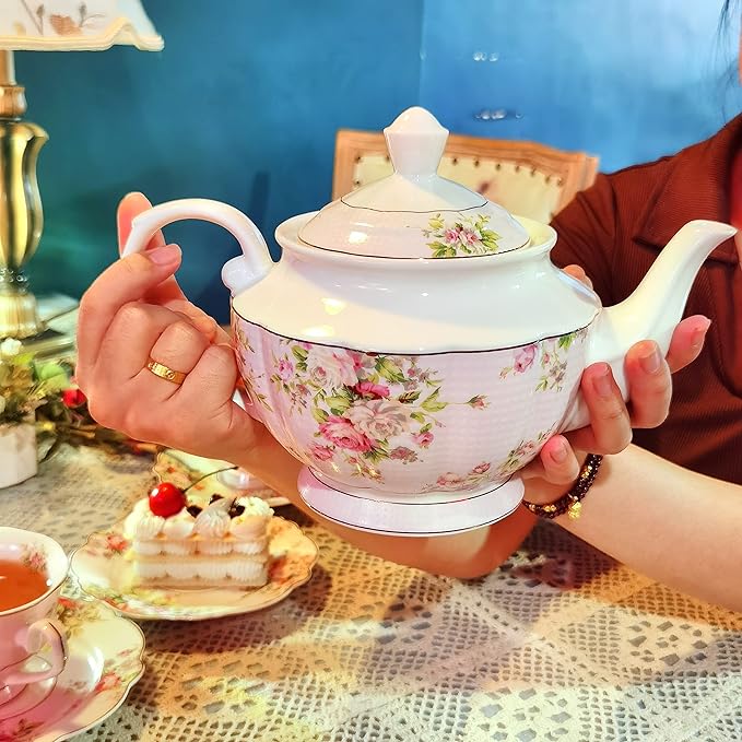 Pink Azalea Porcelain English Teapot, Coffee Pot, Golden Rim, Light Weight, 37 Oz