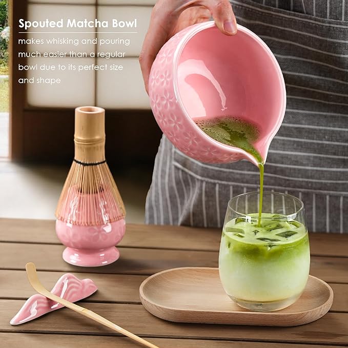 7Pcs Matcha Whisk Set, Matcha Set Whisk and Bowl,Bamboo Scoop, Scoop Rest, Sifter and Tea Towel, Matcha Kit W/Carved Cherry Blossm Pattern for Matcha Lovers (Sakura Pink)