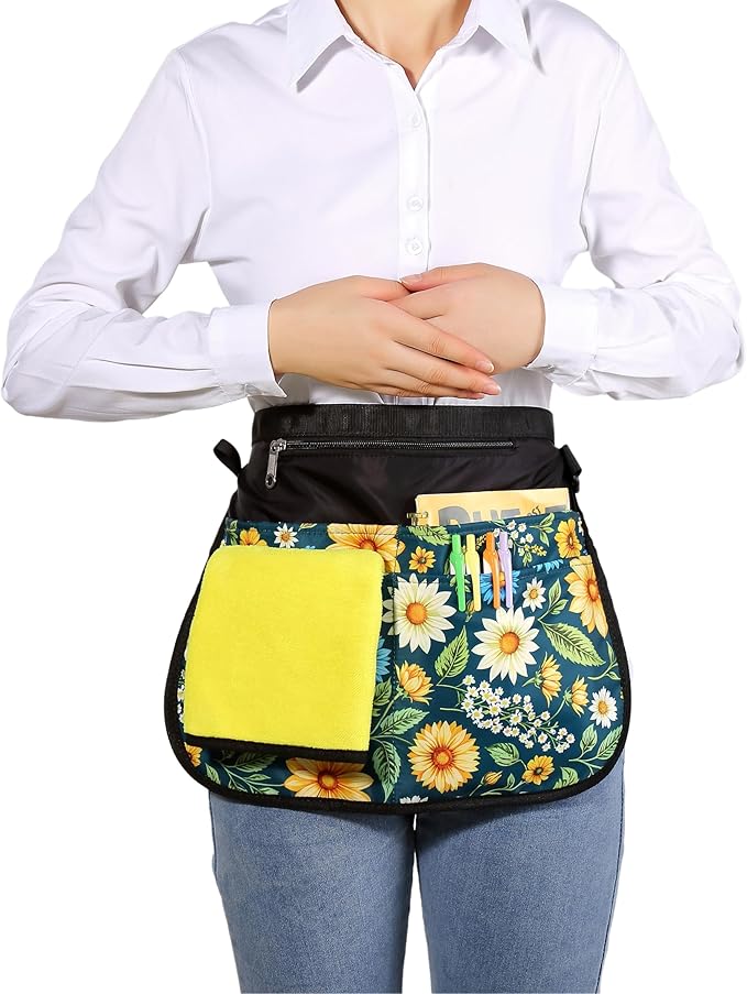 Waterproof Server Apron for Women with 5 Pockets,Quickly Put on and Take off Waitress Aprons,Work Apron for Bartender Barista