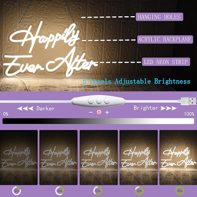 Happily Ever After Neon Sign for Wall Decor, Wedding Neon Lights Sign Dimmable USB Powered LED Sign for Bedroom Home Bar Wall Decor Anniversary Valentine's Celebrations Wedding Party