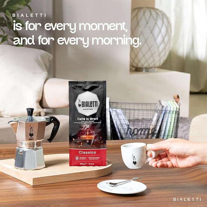 Bialetti Classico Coffee Beans, 500g Bag - Medium Roast Intensity 8, 50% Arabica 50% Robusta Whole Bean Blend - Sweet Floral & Dried Fruit Notes For Espresso, Cappuccino & Latte Machines & Moka Pots