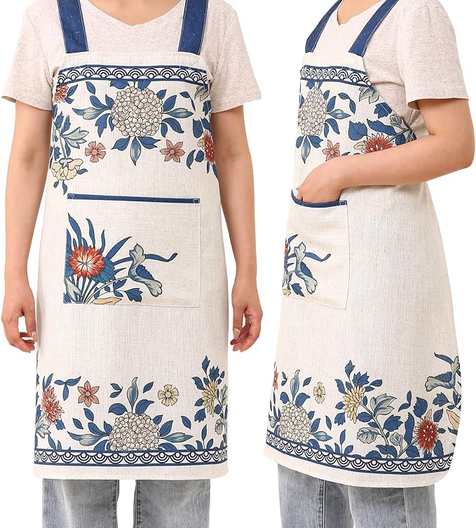 patdrea Blue Floral Linen Apron with Pocket,French Kitchen Garden Chef BBQ Aprons for Women and Men,Crisscross Back Straps - Image 3