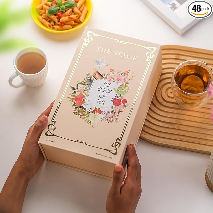 The Vedas Book Of Tea Gift Set | Assorted Tea Bags Gift Box | Christmas Gift | 12 Exotic Herbal Tea Blends In Handcrafted Cotton Bags | Net 48 bags | Gift for mom